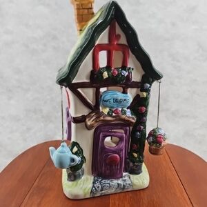 Imperfect Ceramic Cottage Tea Light Candle Holder‎ House Figurine With Teapot